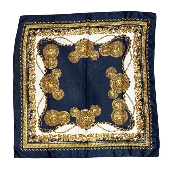 Vintage Inspired Navy Gold Baroque Print Polyester Square Scarf 35 Inches - Picture 1 of 8